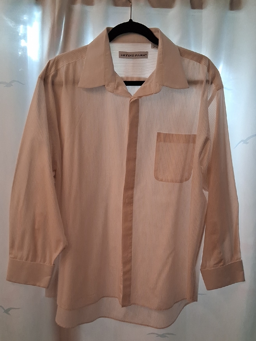 Men's Light Beige Long-Sleeve Dress Shirt with Contrast Trim